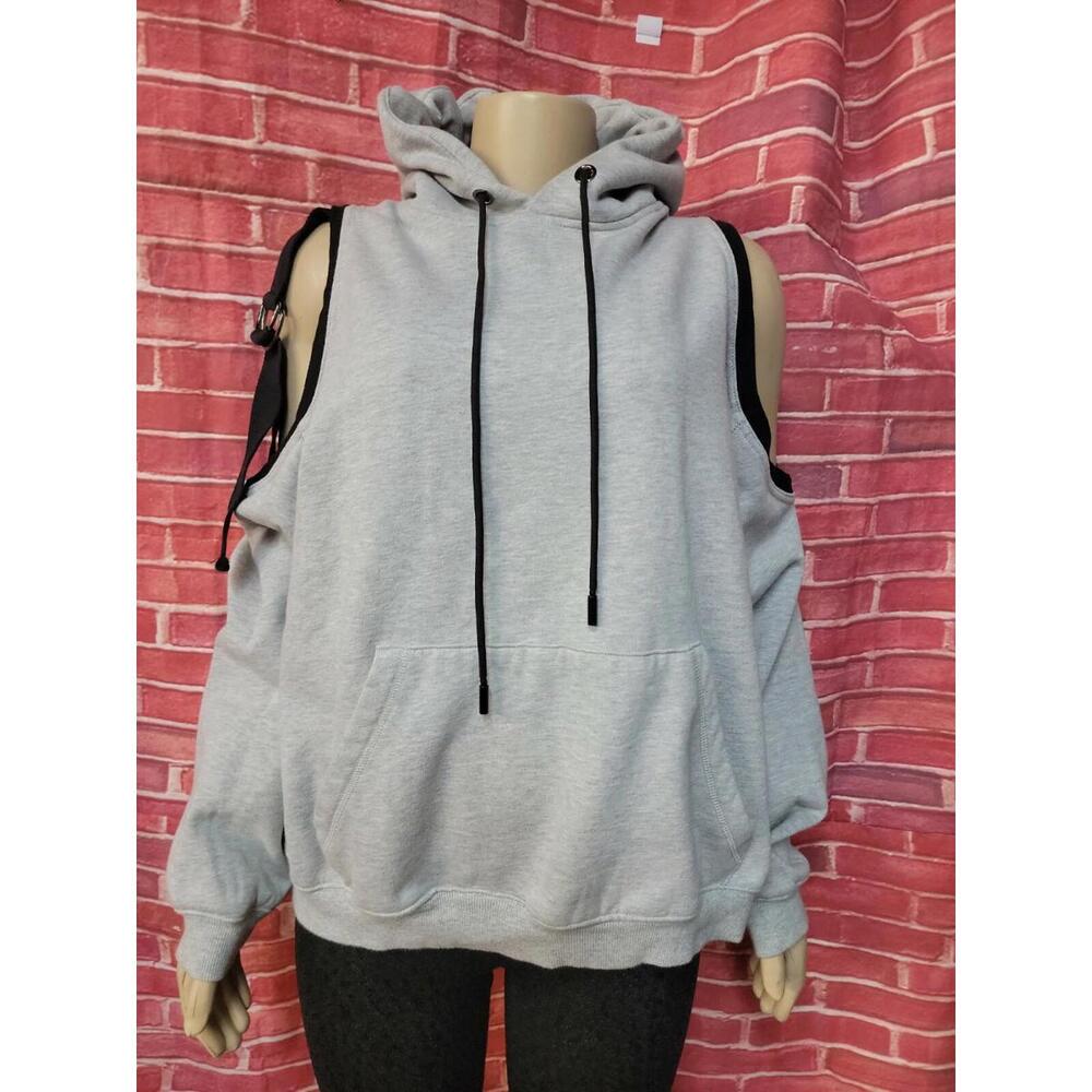 Emma & Sam Gray Cutouts Shoulders Size M Women's Hooded Sweater #W6